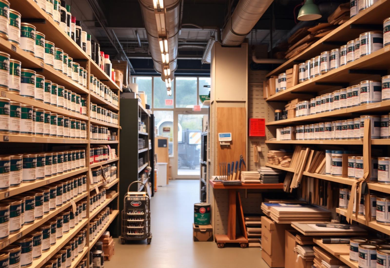 Inne i Fröbergs butik med välordnade hyllor av lack och lim